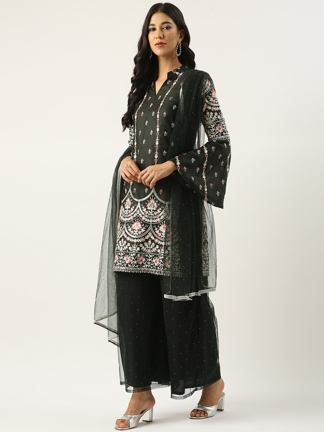 Bollywood Vogue Ready To Wear Green Art Silk Embroidered Palazzo Suit - Side View