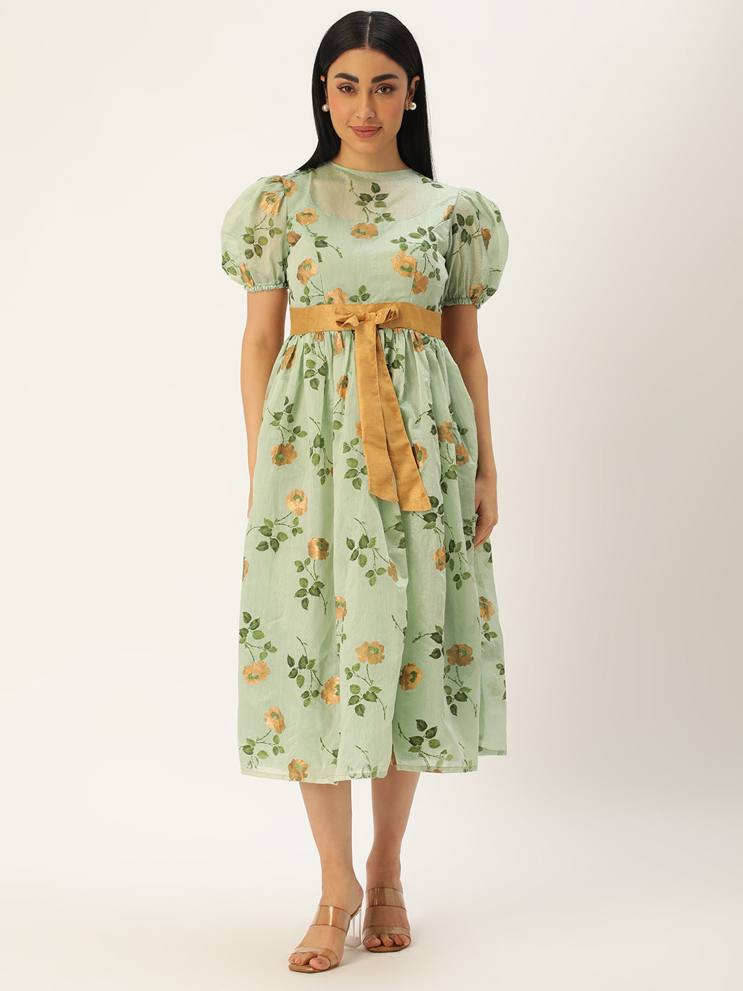Bollywood Vogue Ready To Wear Green Chanderi Silk Puff Sleeve Dress - Front View
