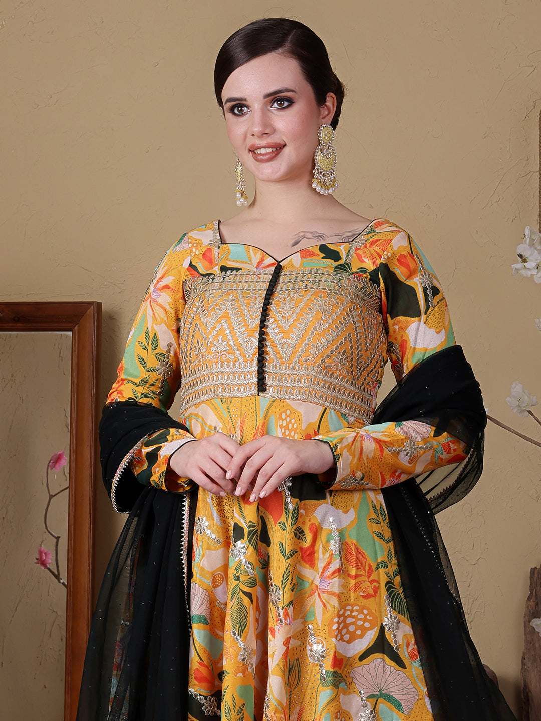Bollywood Vogue Ready To Wear Green N Yellow Art Silk Embroidered Anarkali Suit - Look Shot