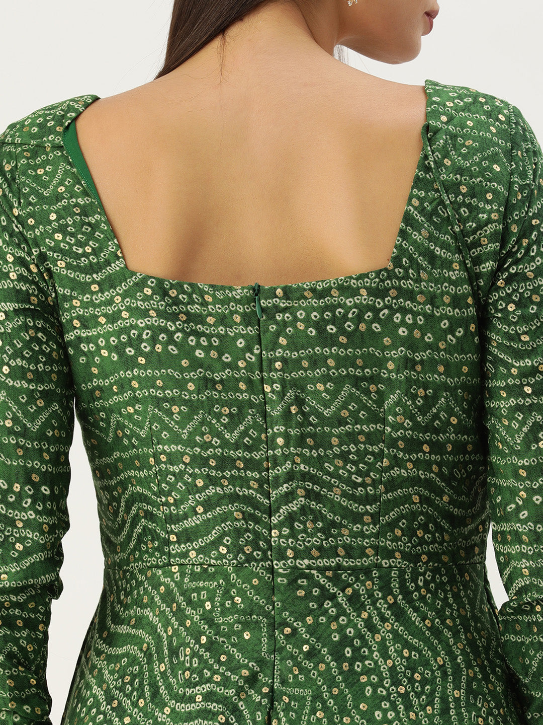 Bollywood Vogue Ready To Wear Green Bandhani Printed Rayon Gown With Dupatta Set - Look Shot