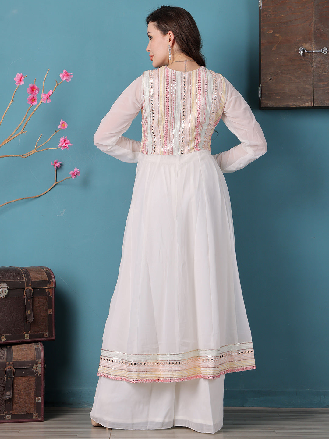 Bollywood Vogue Ready To Wear Off White Georgette Embroidered Anrakali Suit - Detail View