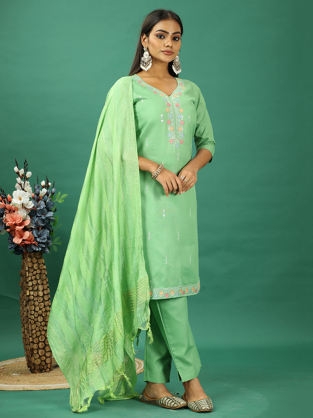 Bollywood Vogue Ready To Wear Green Rayon Embroidered Straight Pant Suit - Additional View 2