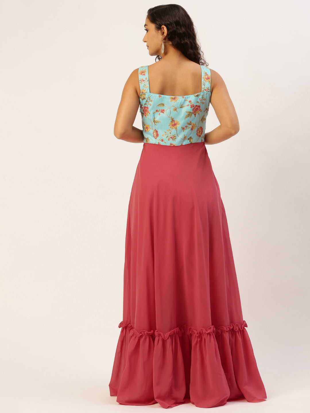 Bollywood Vogue Ready To Wear Blue N Pink Georgette Gown - Back View