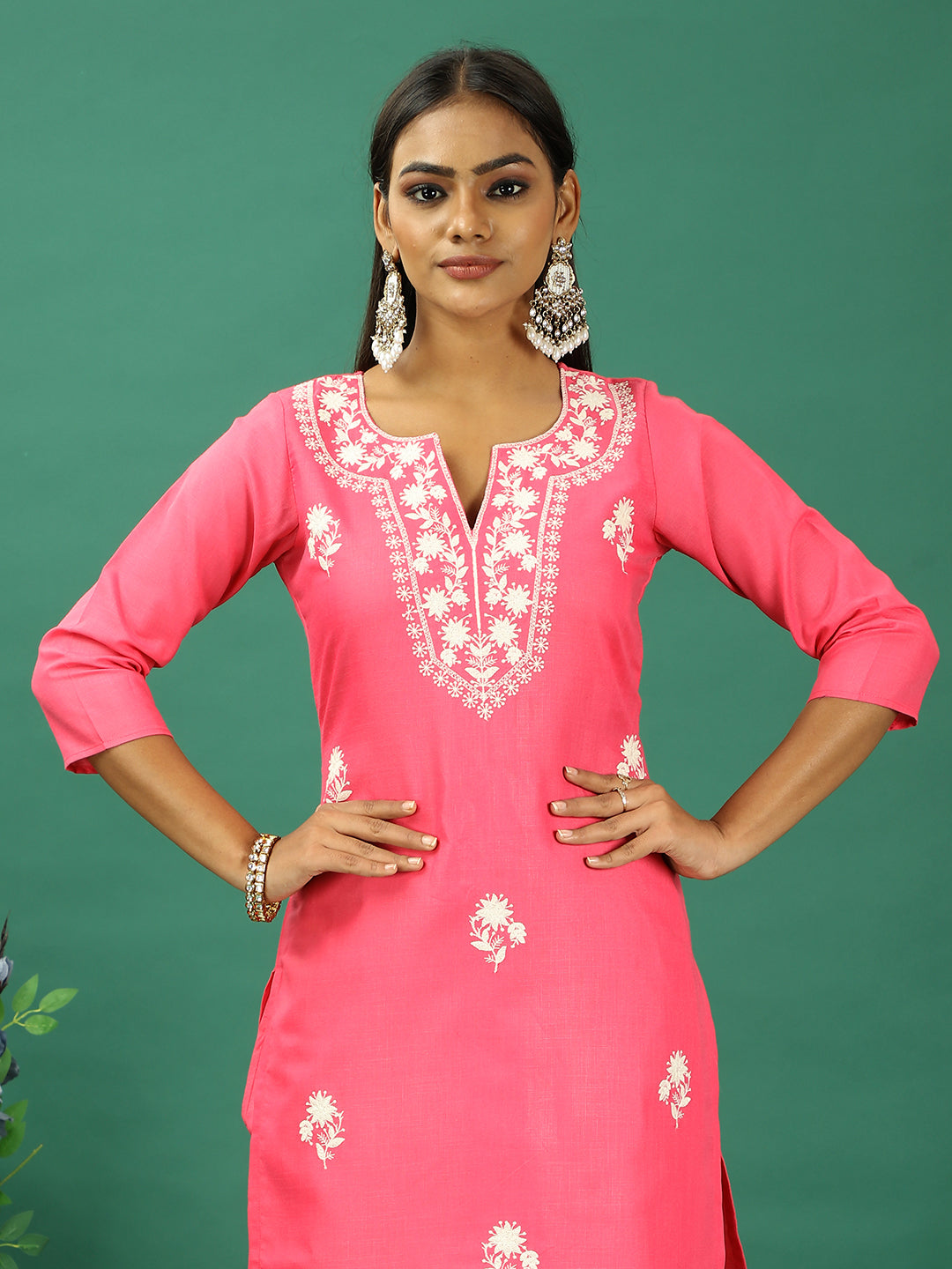 Bollywood Vogue Ready To Wear Pink Rayon Embroidered Straight Pant Suit - Detail View