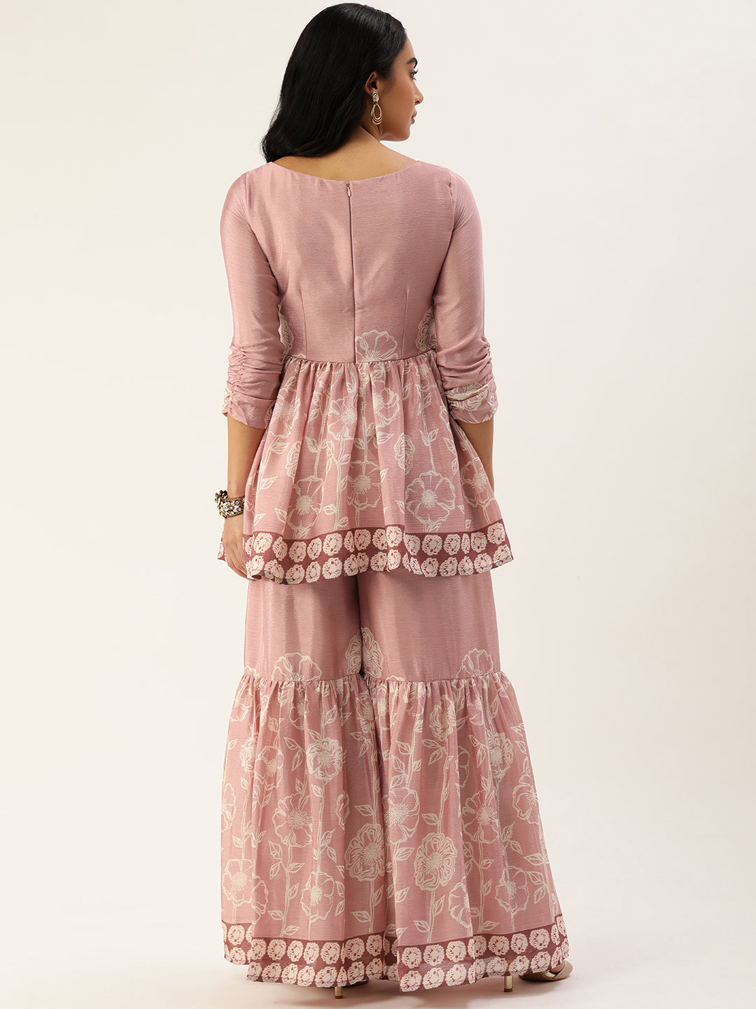 Bollywood Vogue Ready To Wear Pink Foil Print Chinon Alia Cut Kurta Set - Side View