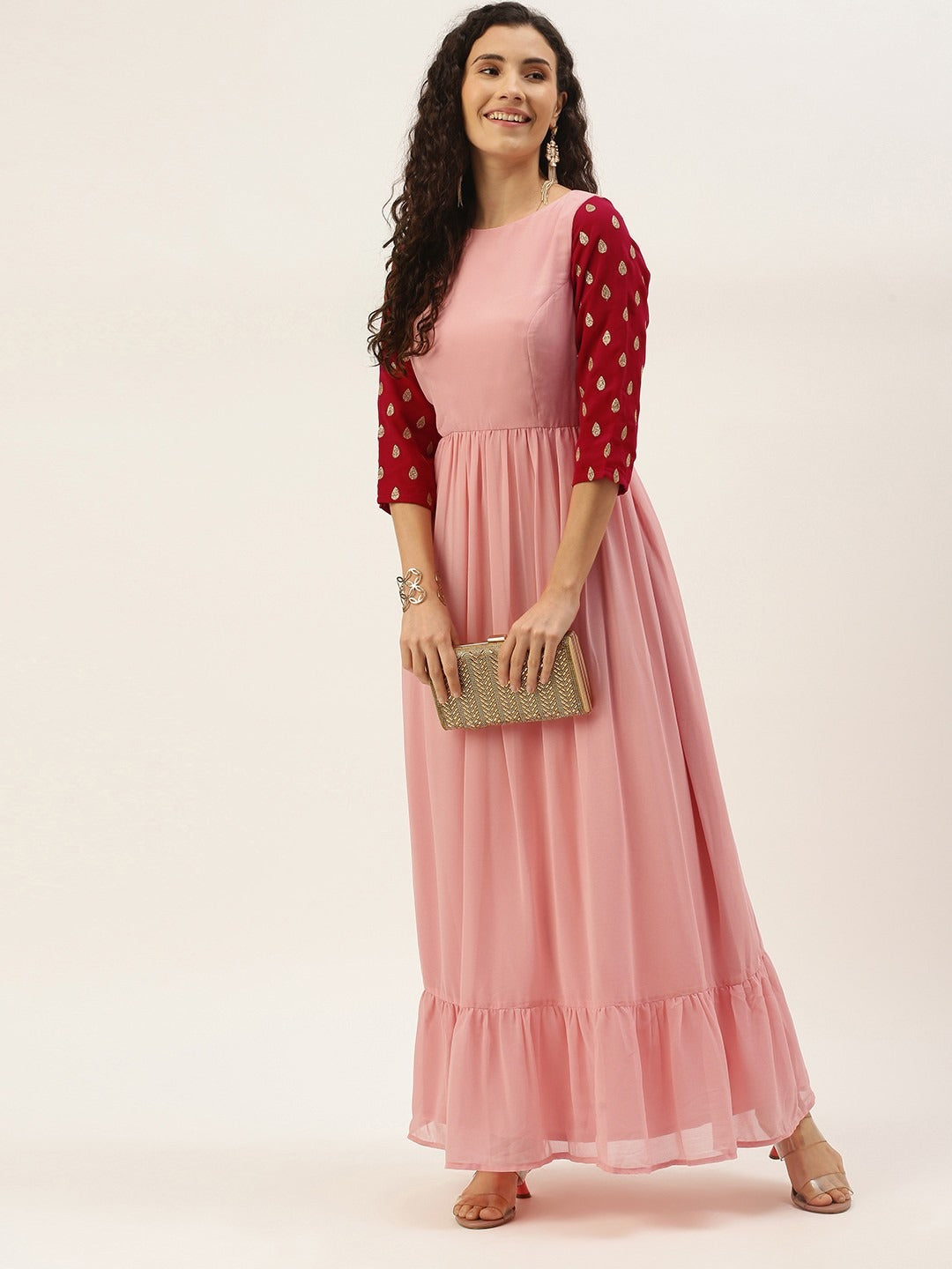 Bollywood Vogue Ready To Wear Pink Georgette N Magenta Embroidered Dress - Additional View 1