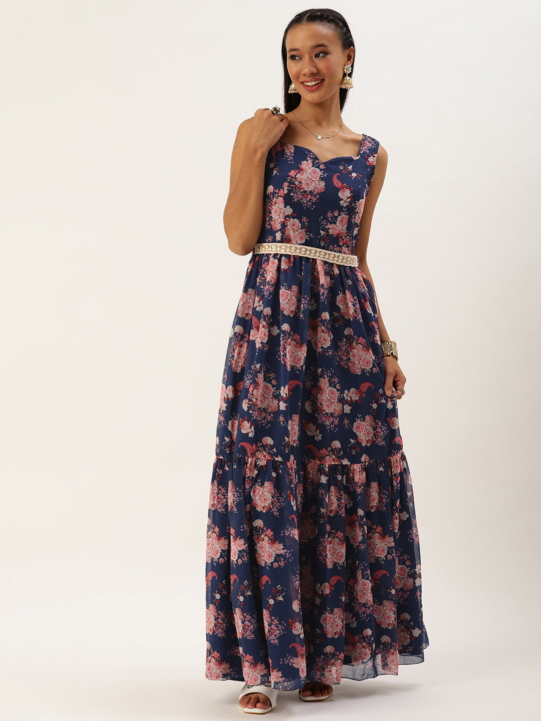Bollywood Vogue Ready To Wear Blue Georgette Digital Printed Tiered Dress - Front View