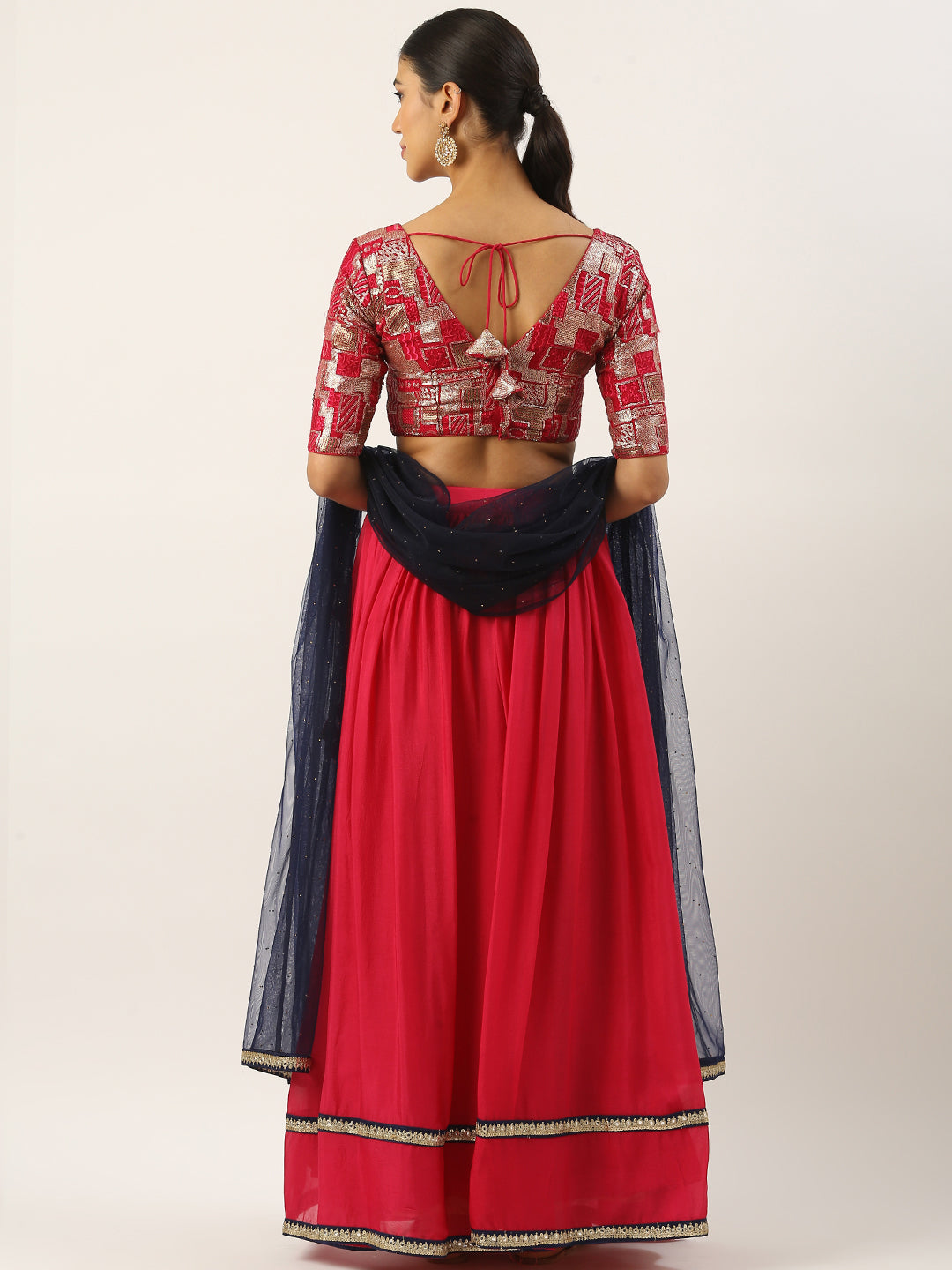 Bollywood Vogue Ready To Wear Pink Chinon Embroidered Gather Style Lehenga Set - Back View