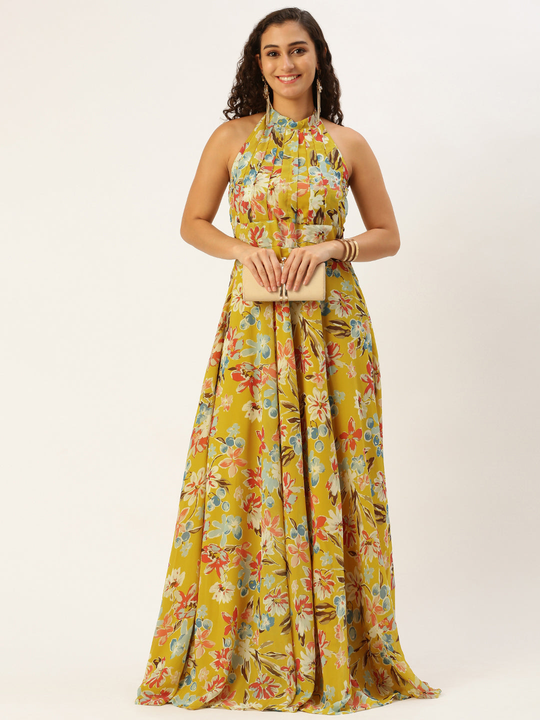 Bollywood Vogue Ready To Wear Yellow Printed Halter Neck Georgette - Front View