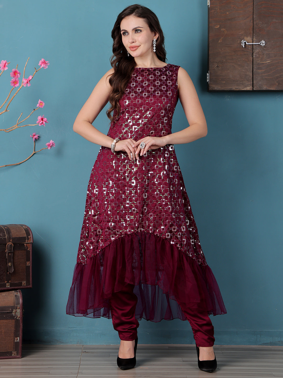 Bollywood Vogue Ready To Wear Wine Georgette Asymmetrical Straight Pant Suit - Side View