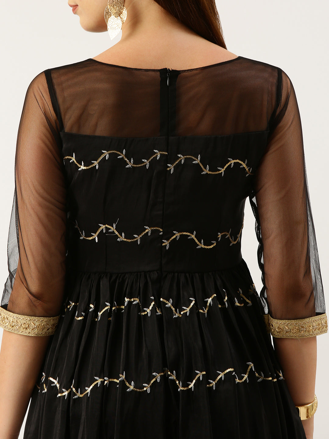 Bollywood Vogue Ready To Wear Black Viscose Embroidered Anarkali Suit - Back View