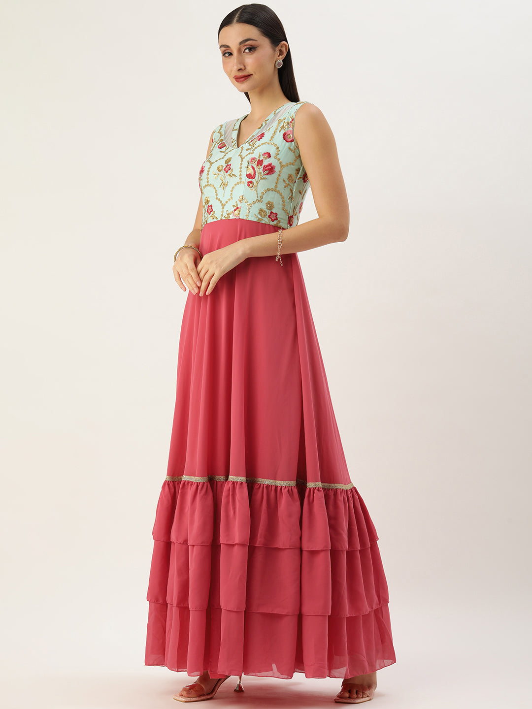 Bollywood Vogue Ready To Wear Blue Chinon N Pink Georgette Gown - Side View
