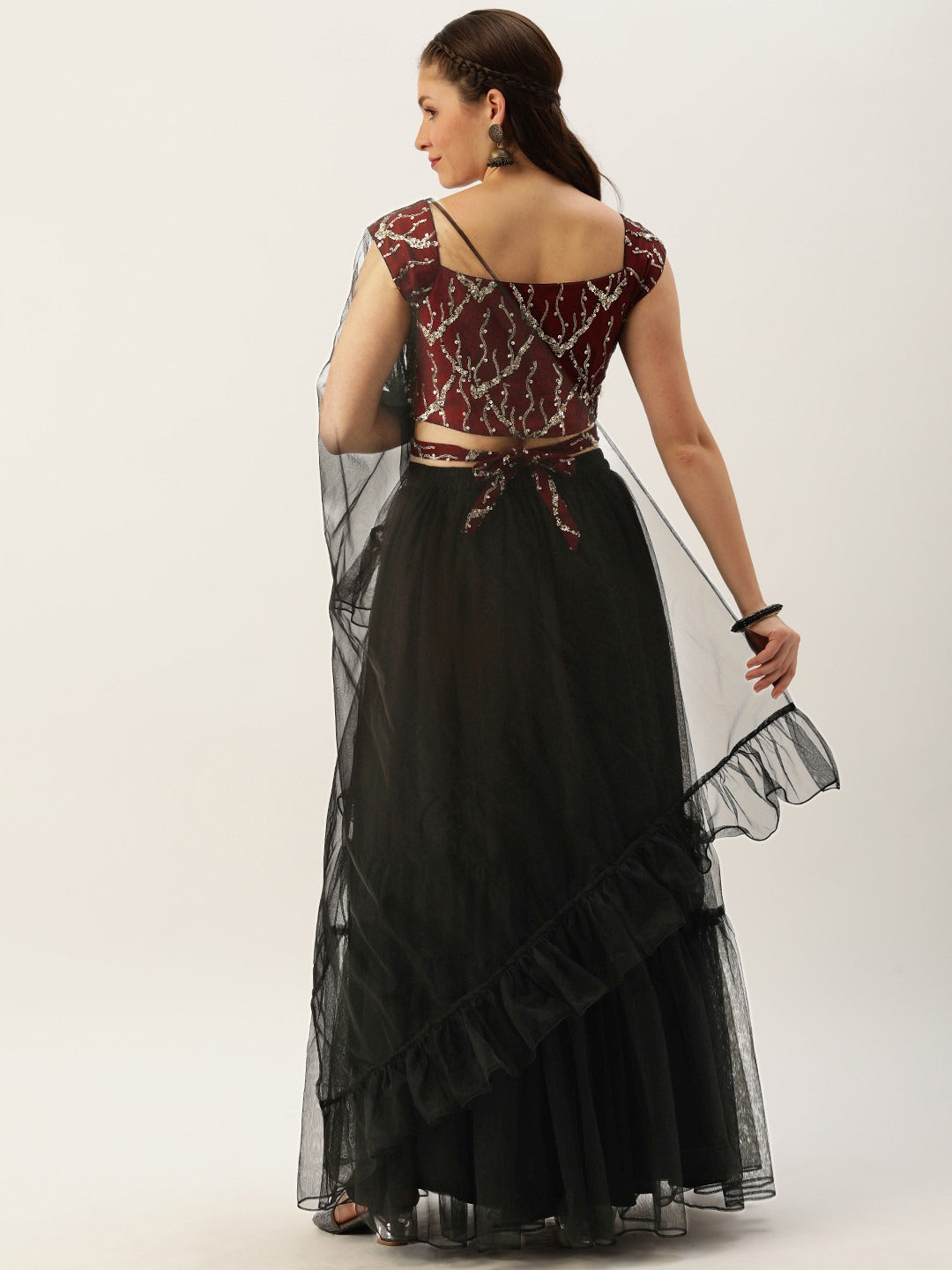 Bollywood Vogue Ready To Wear Maroon N Black Sweetheart Neck Umbrella Lehenga - Back View