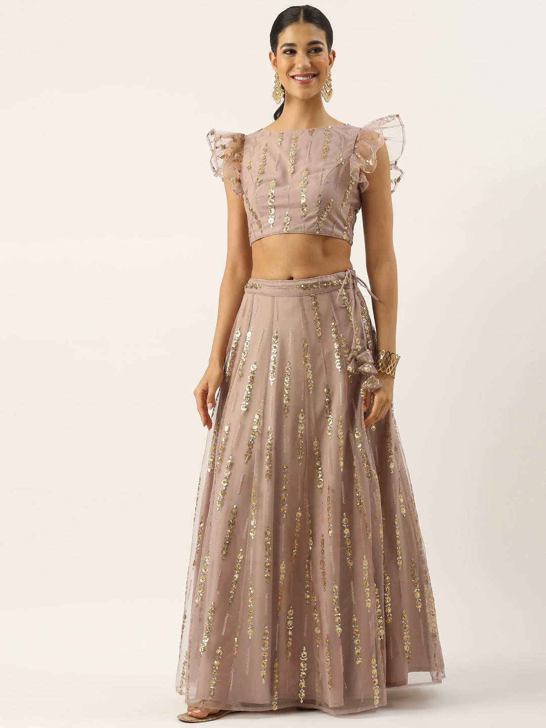 Bollywood Vogue Ready To Wear Mauve Net Sequins Embroidered Lehenga Set - Side View