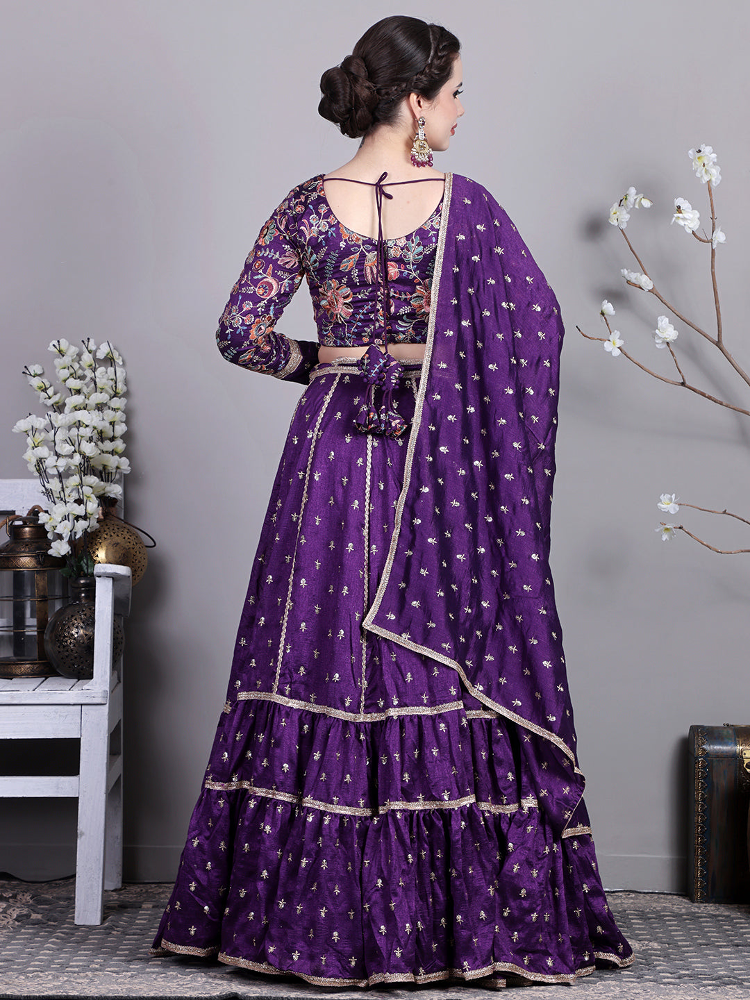 Bollywood Vogue Ready To Wear Classic Blouse With Art Silk N Net Lehenga Set - Back View