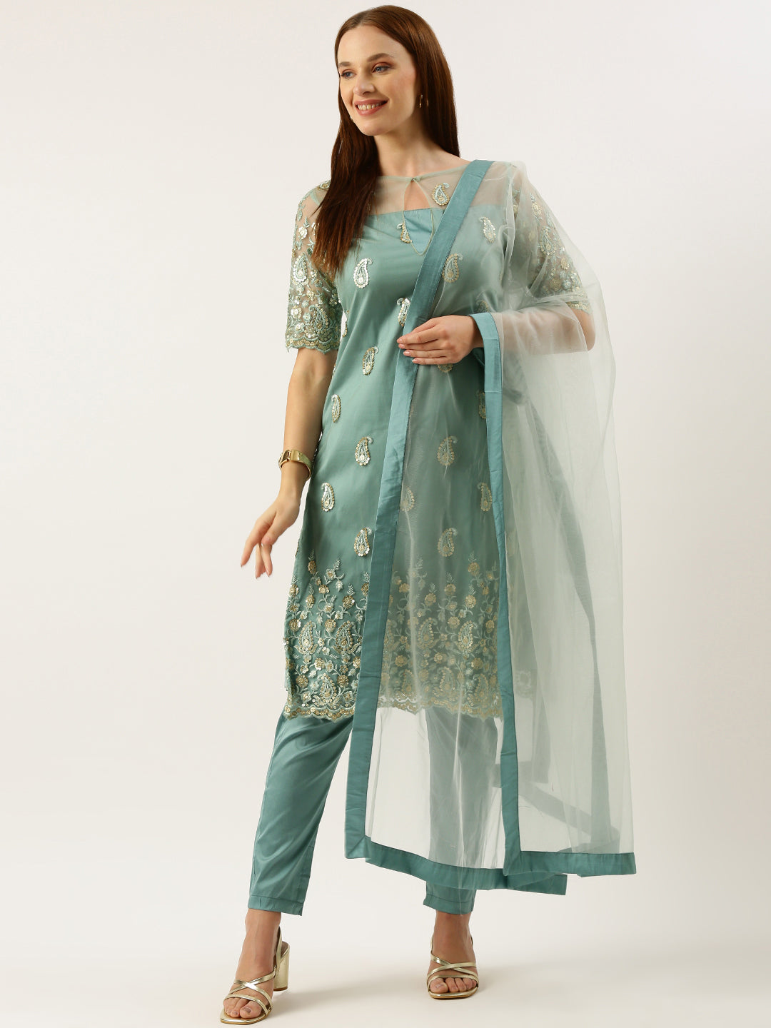 Bollywood Vogue Ready To Wear Light Blue Net Embroidered Salwar Set - Detail View