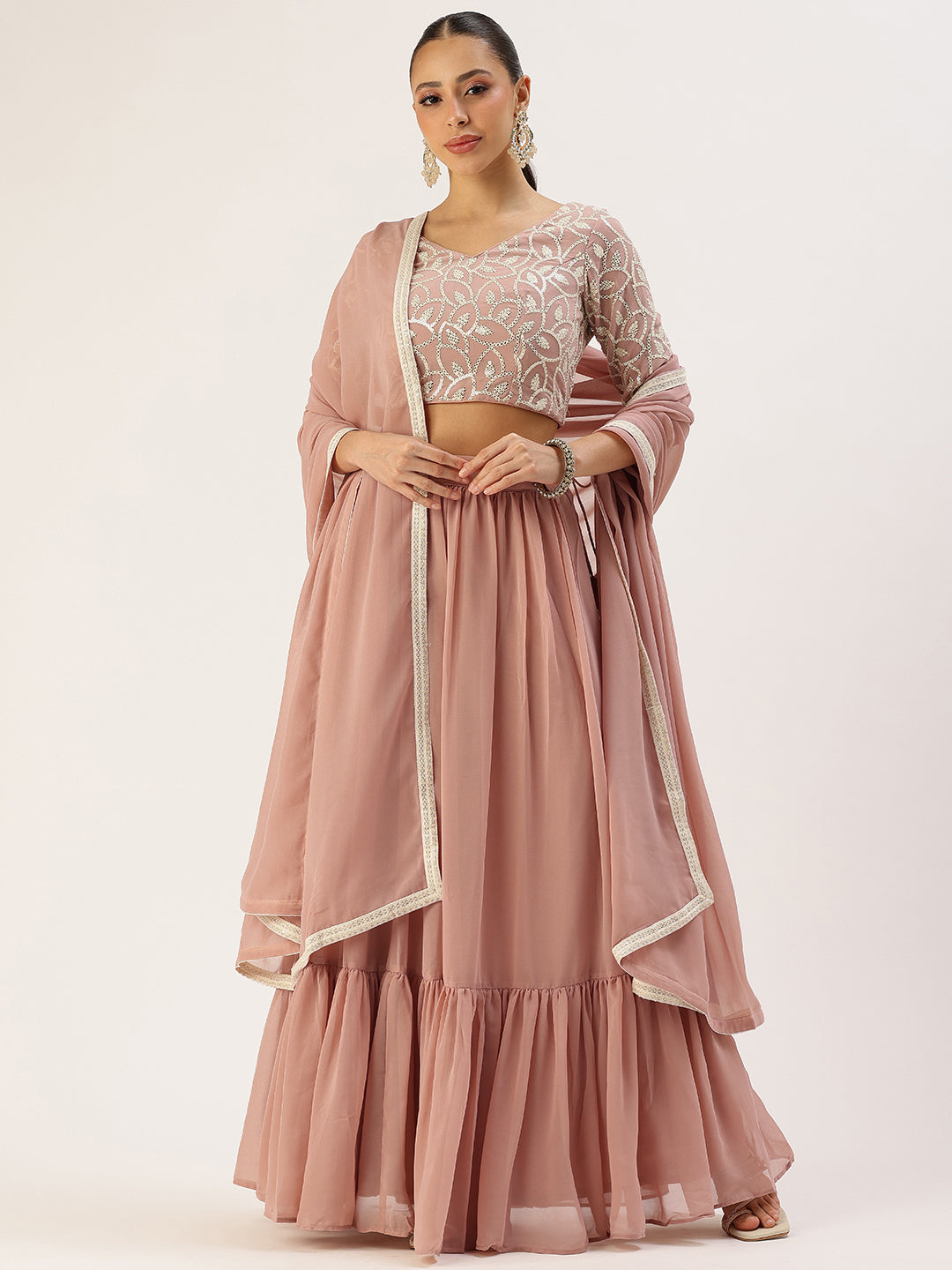 Bollywood Vogue Ready To Wear Pink Embroidered Lehenga Set - Front View