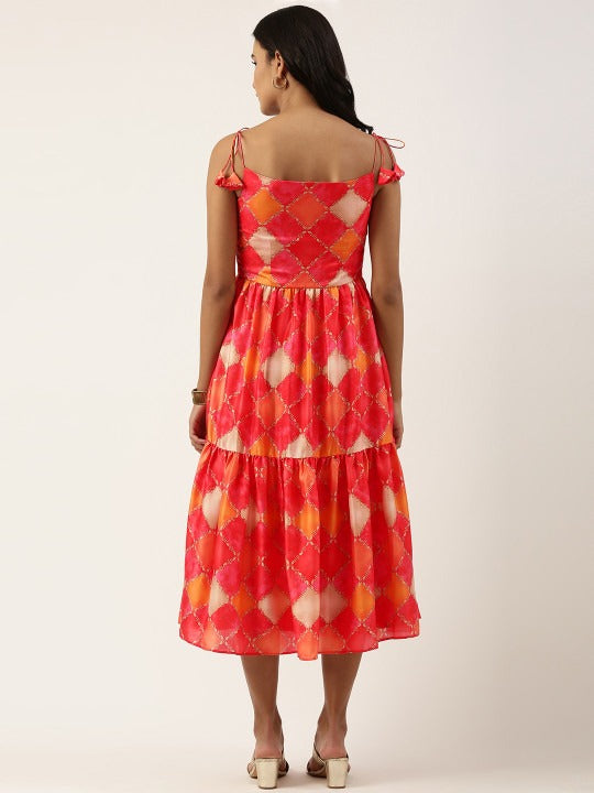 Bollywood Vogue Ready To Wear Multicolor Printed Gathered Style Midi Dress - Back View