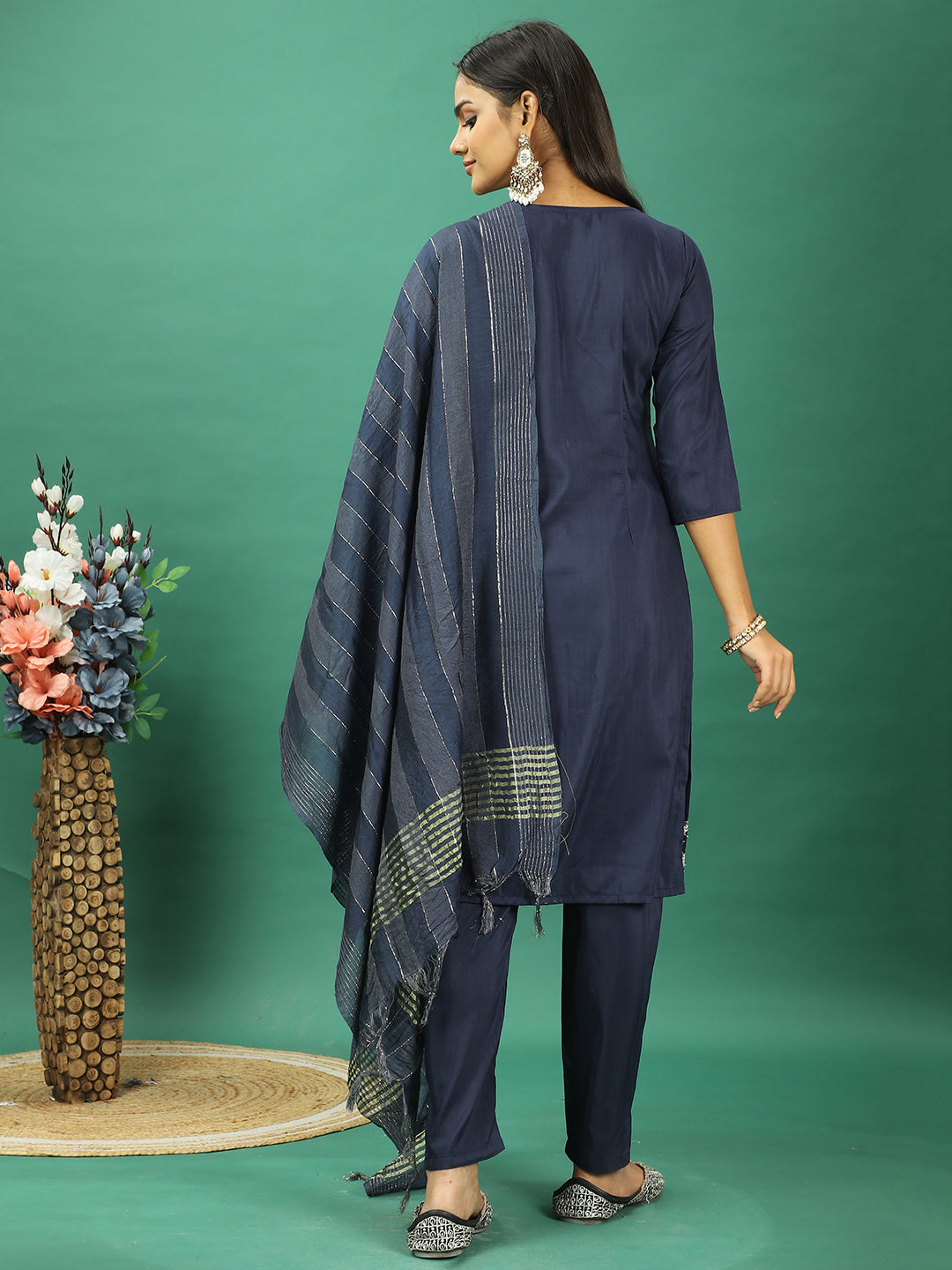 Bollywood Vogue Ready To Wear Blue Silk Embroidered Narrow Straight Pant Suit - Back View