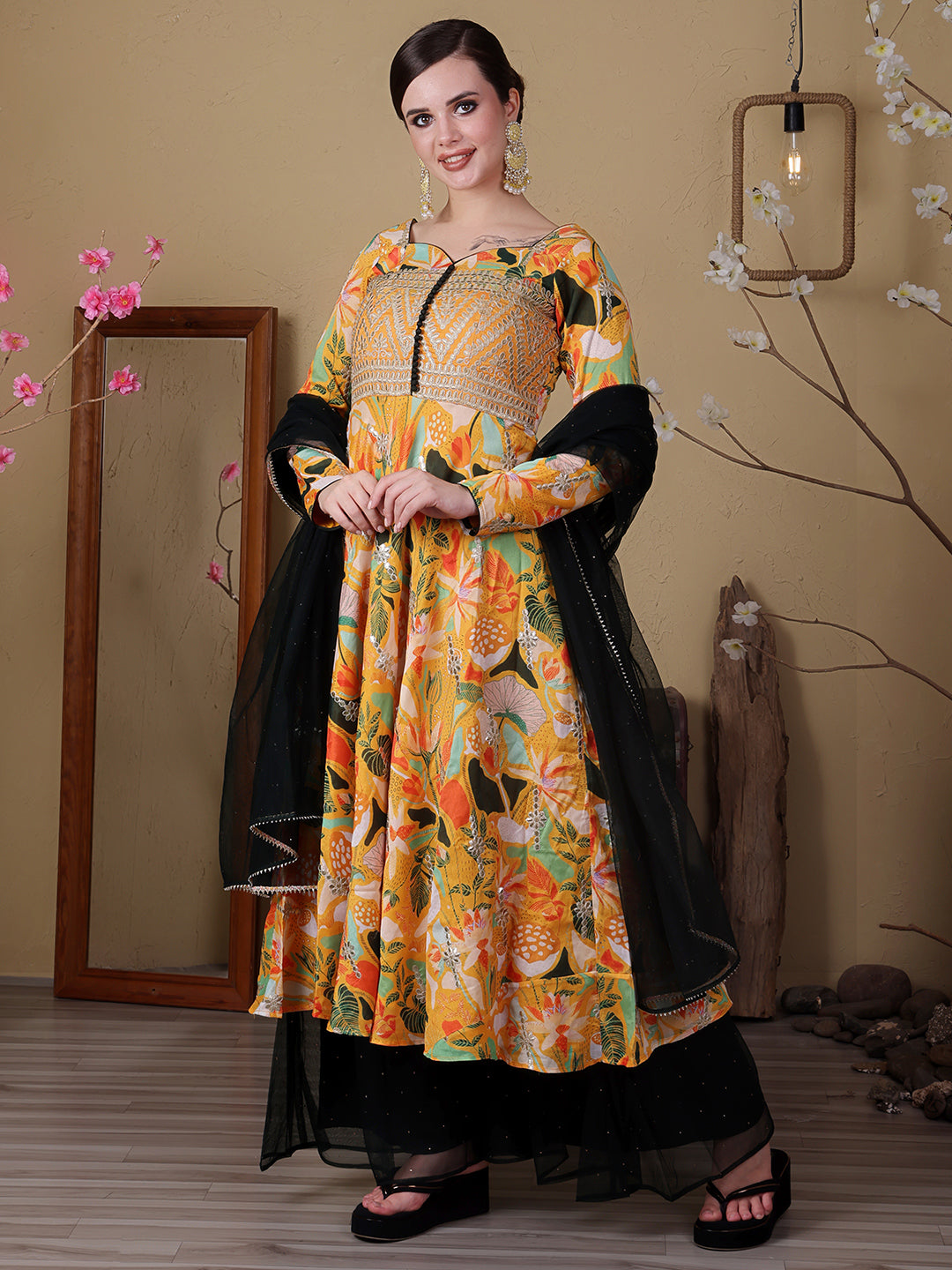 Bollywood Vogue Ready To Wear Green N Yellow Art Silk Embroidered Anarkali Suit - Front View