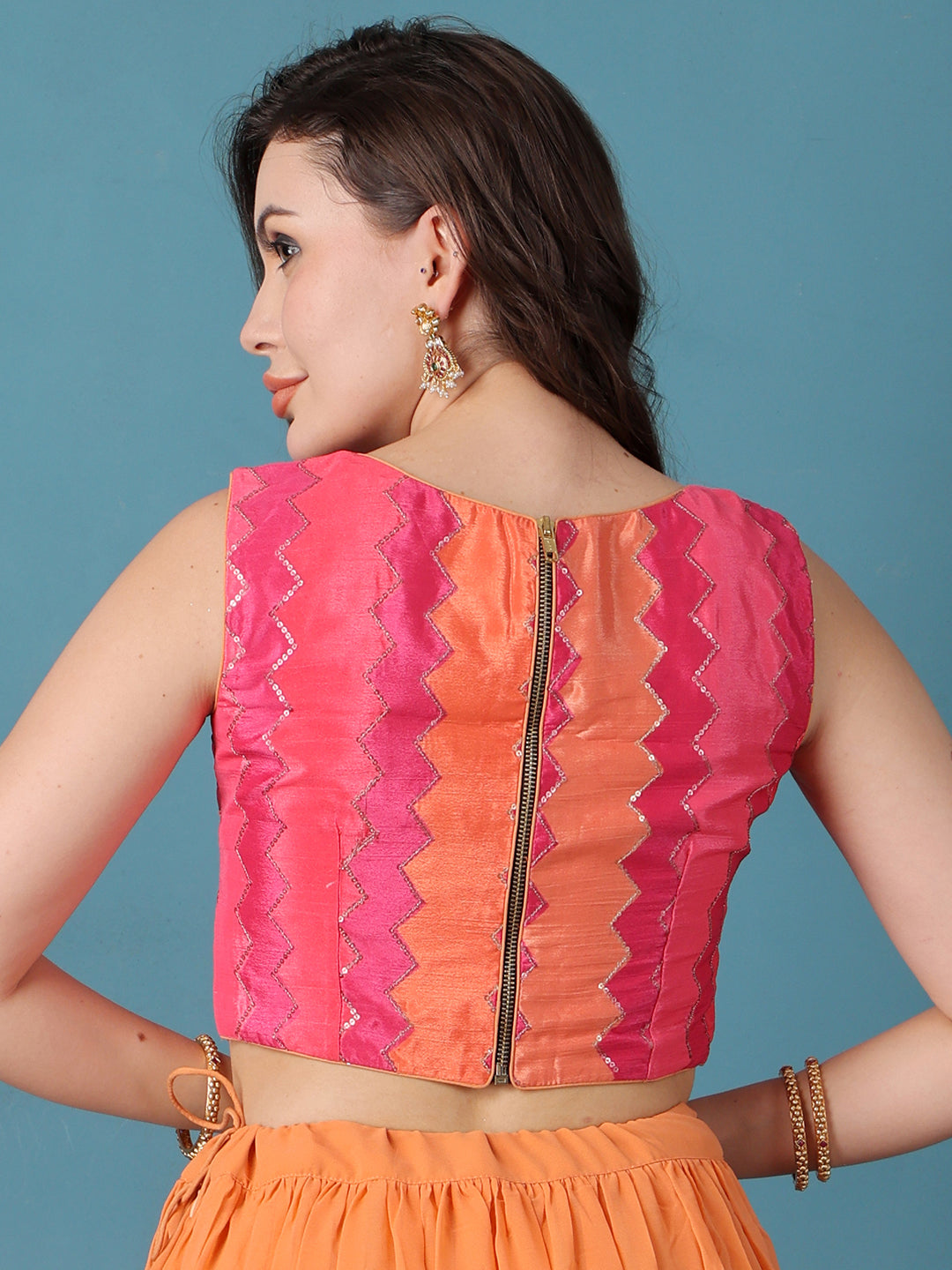 Bollywood Vogue Ready To Wear Pink N Multicolor Chinon Tiered Lehenga - Additional View 1