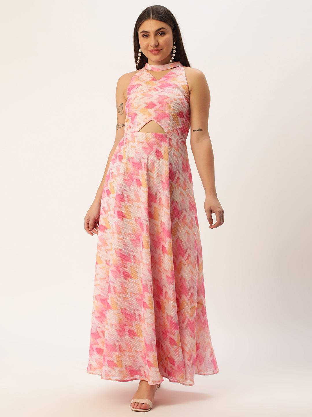 Bollywood Vogue Ready To Wear Multicolored Georgette Printed Halter Neck Dress - Front View