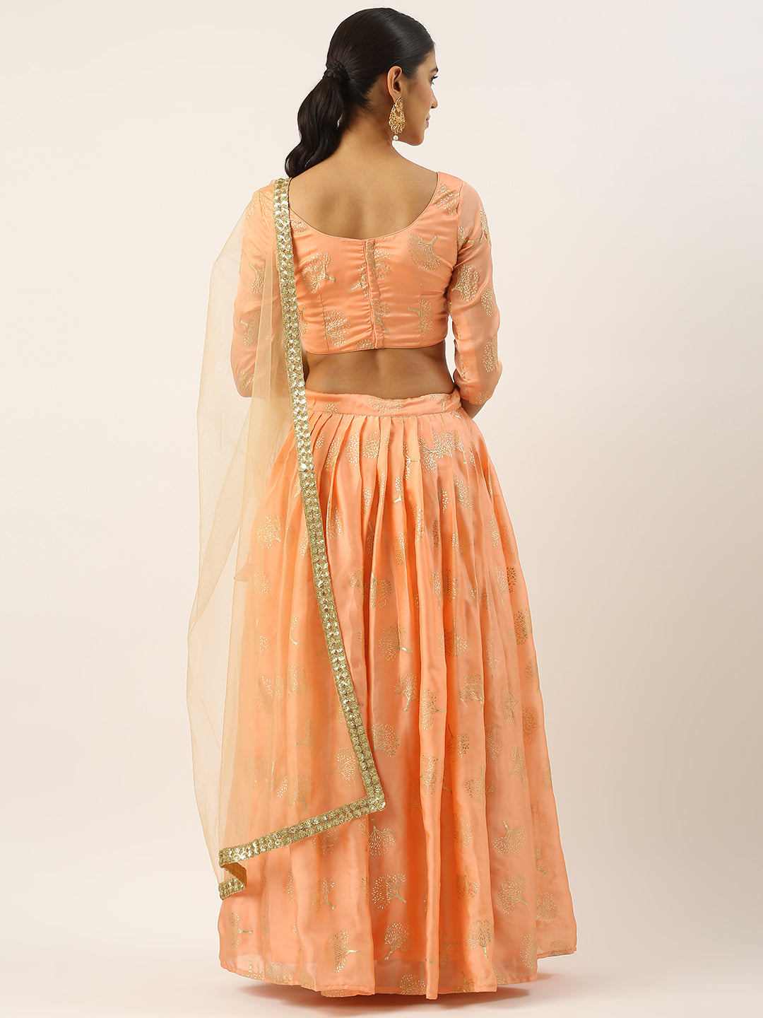 Bollywood Vogue Ready To Wear Peach Foil Printed Georgette Lehenga Set - Back View