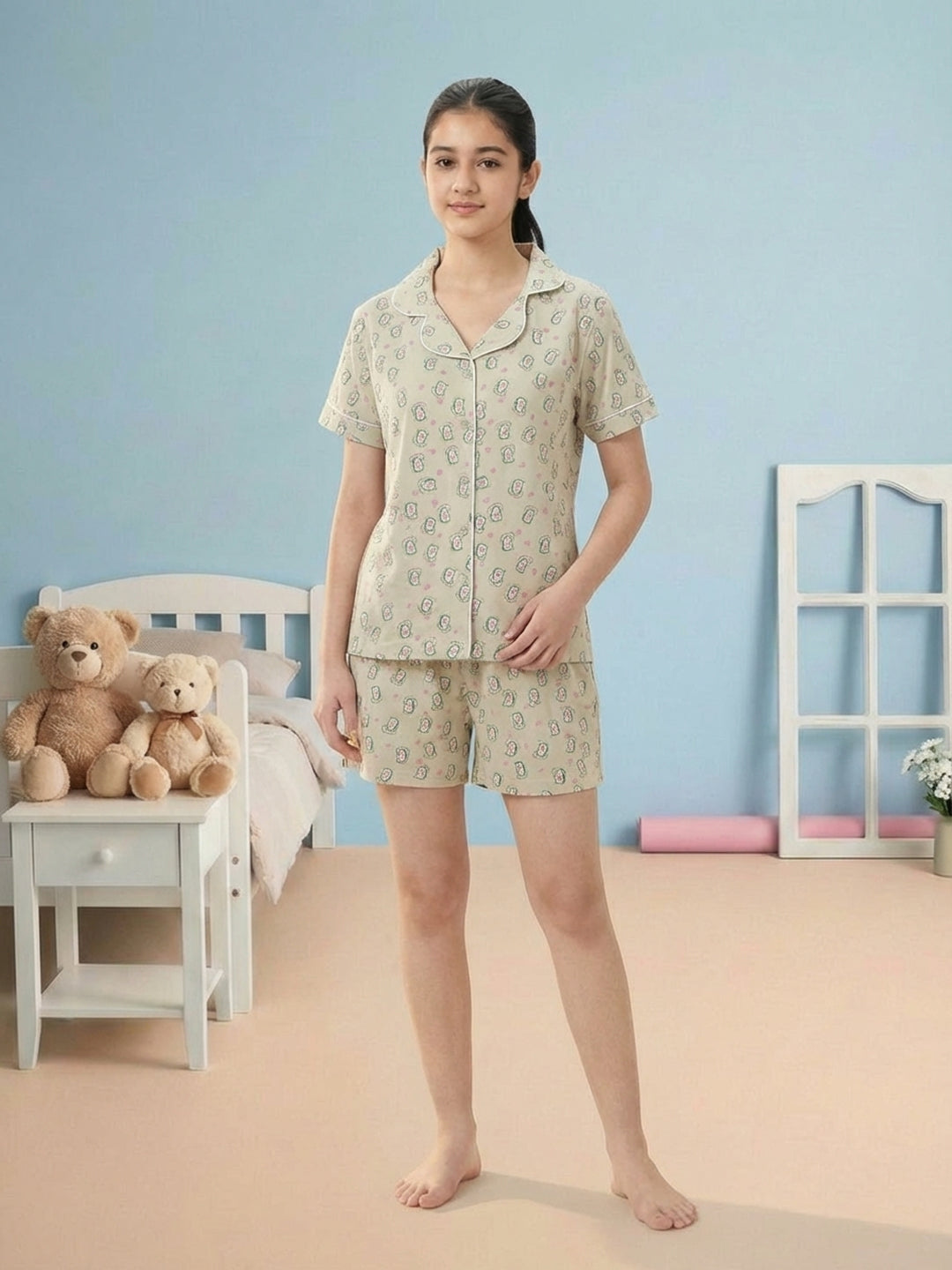 Lil Tomatoes Girls Cotton Night Suits - Oil Green
