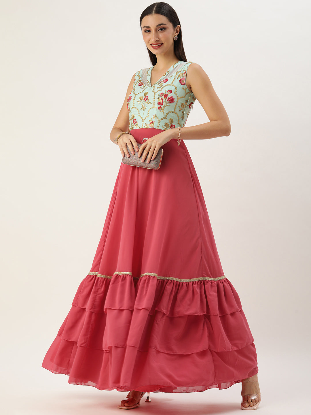 Bollywood Vogue Ready To Wear Blue Chinon N Pink Georgette Gown - Detail View