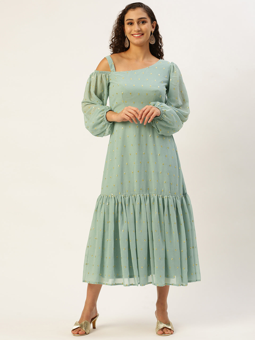 Bollywood Vogue Ready To Wear Green Georgette Embroidered Dress - Front View