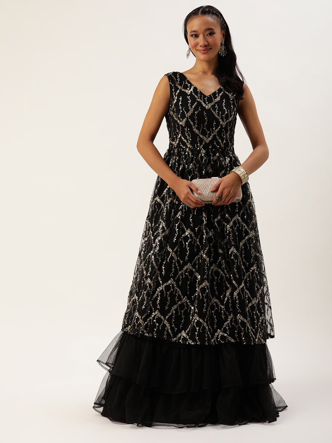 Bollywood Vogue Ready To Wear Black Net Embroidered V Neck Gown - Front View