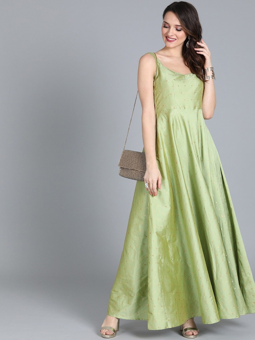 Bollywood Vogue Ready To Wear Pista Green Taffeta Gown - Front View