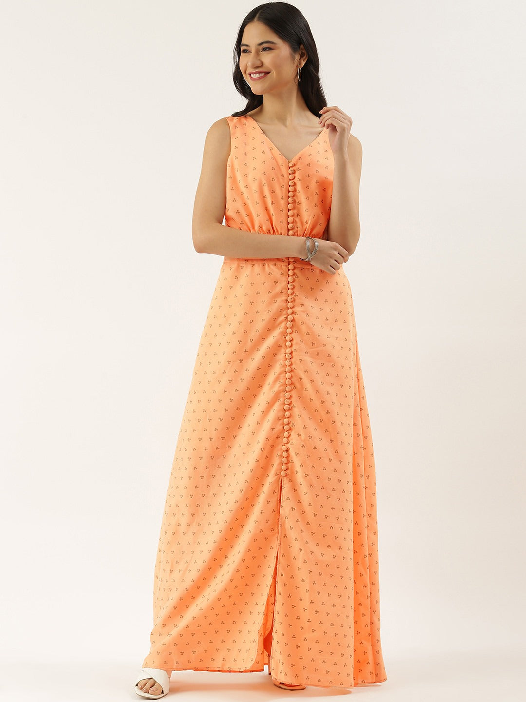 Bollywood Vogue Ready To Wear Peach Foil Printed Cotton Maxi Dress - Front View