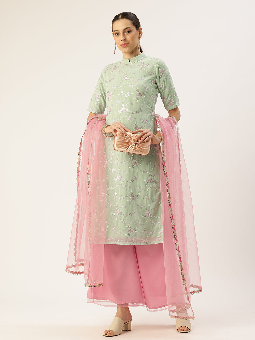 Bollywood Vogue Ready To Wear Green Embroidered Georgette N Pink Palazzo Suit - Front View