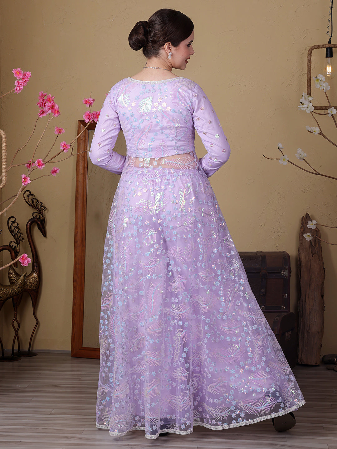 Bollywood Vogue Ready To Wear Chic Top With Net Embroidered Anarkali Palazzo Suit - Detail View