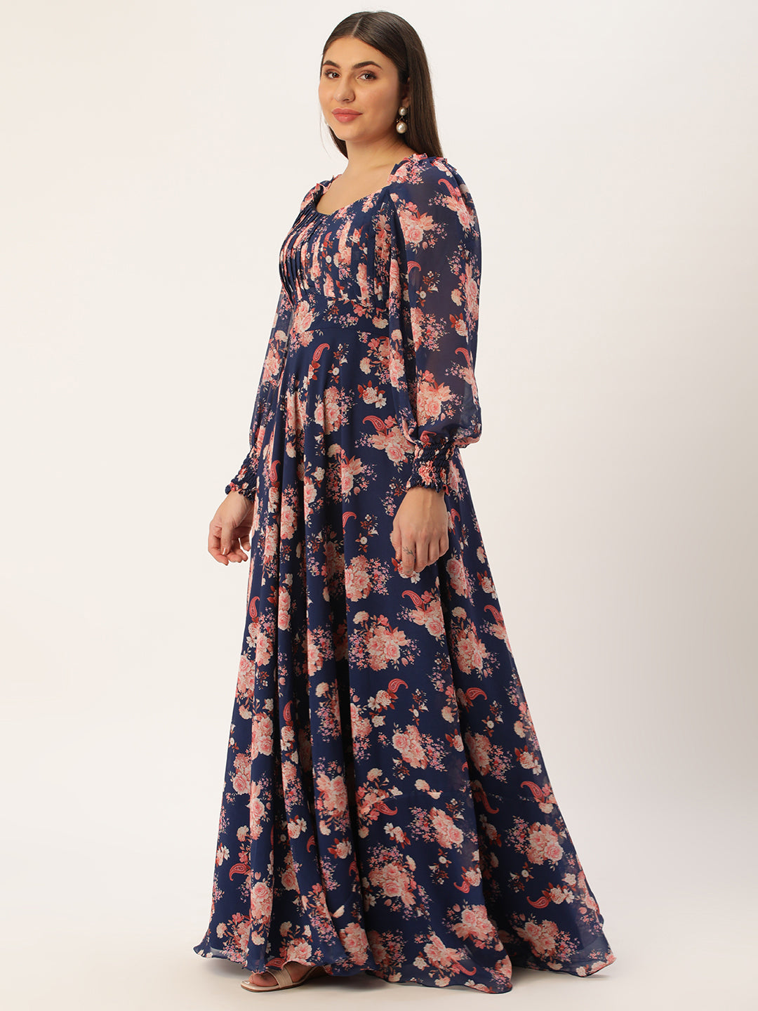 Bollywood Vogue Ready To Wear Blue Georgette Printed Pleated Yoke Gown - Side View