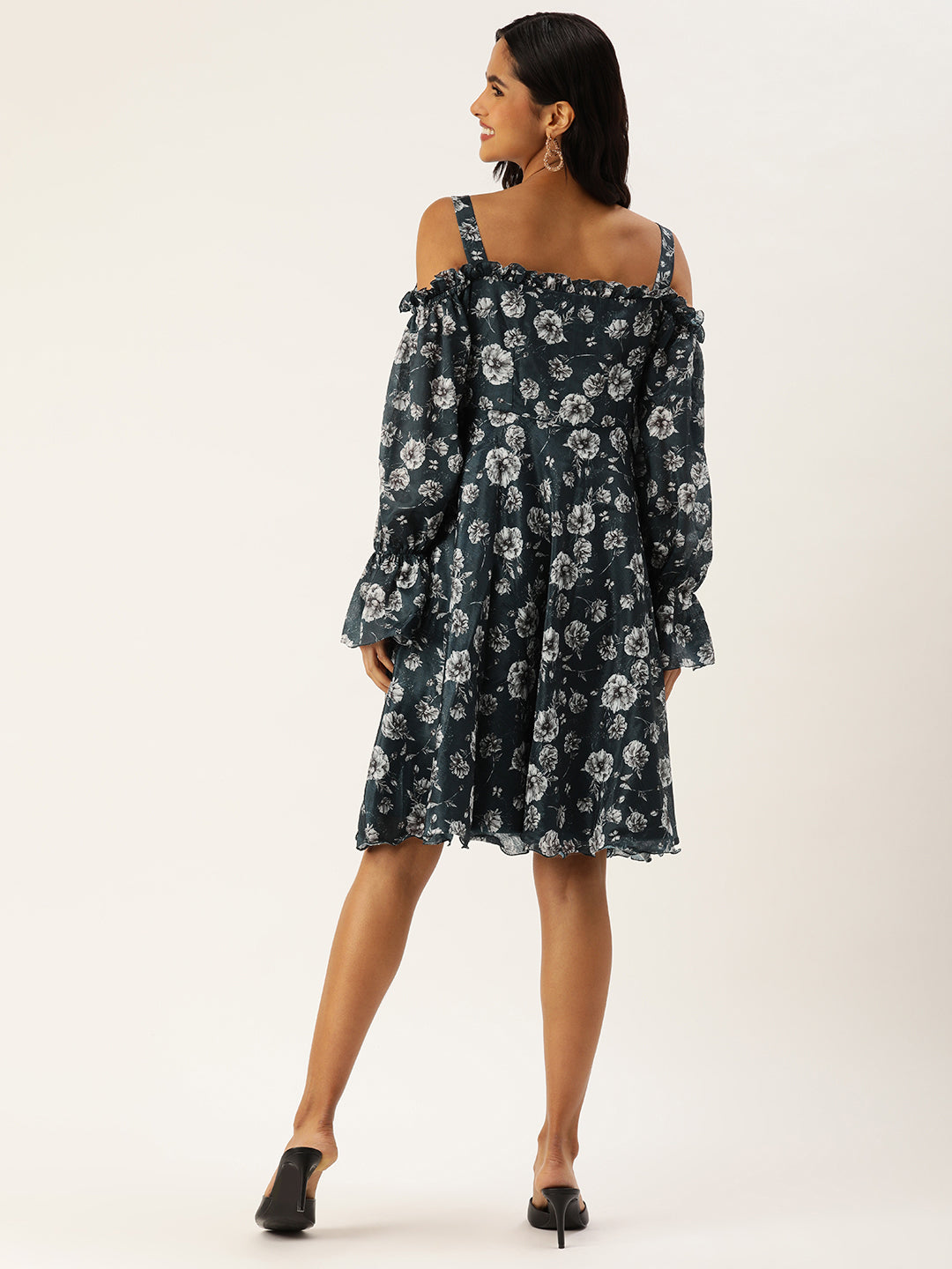Bollywood Vogue Ready To Wear Blue Digital Printed Chinon Dress - Back View