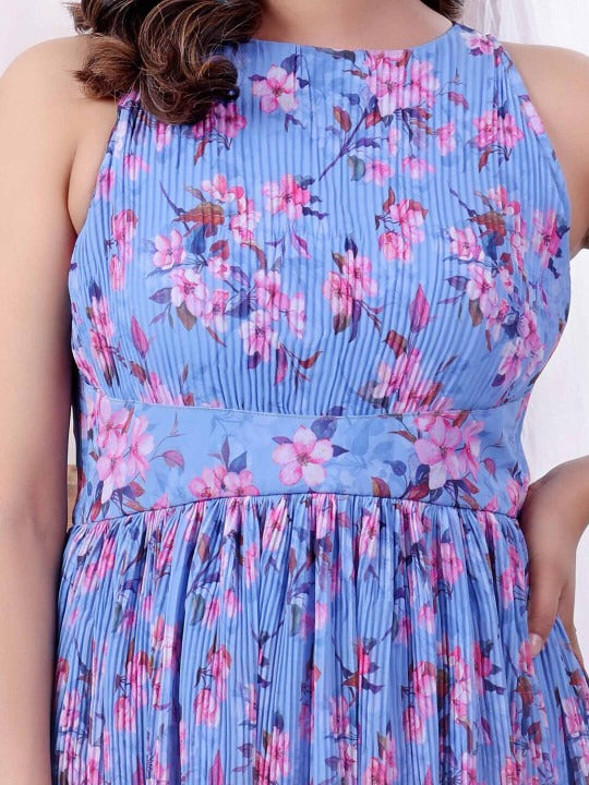 Bollywood Vogue Ready To Wear Blue Printed Georgette Pleated Dress - Detail View
