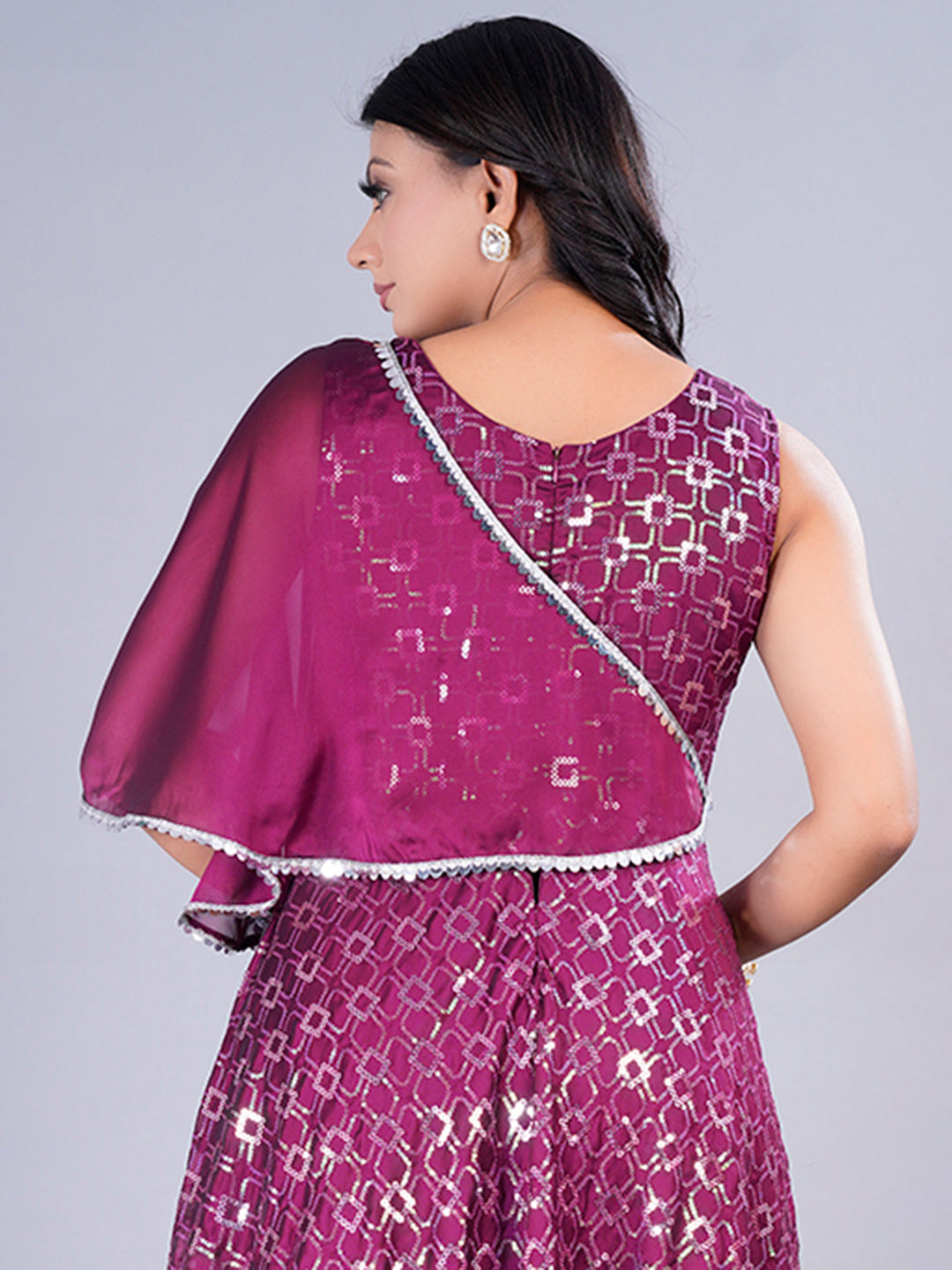 Bollywood Vogue Ready To Wear Wine Rangoli Embroidered Indo Western Gown - Look Shot