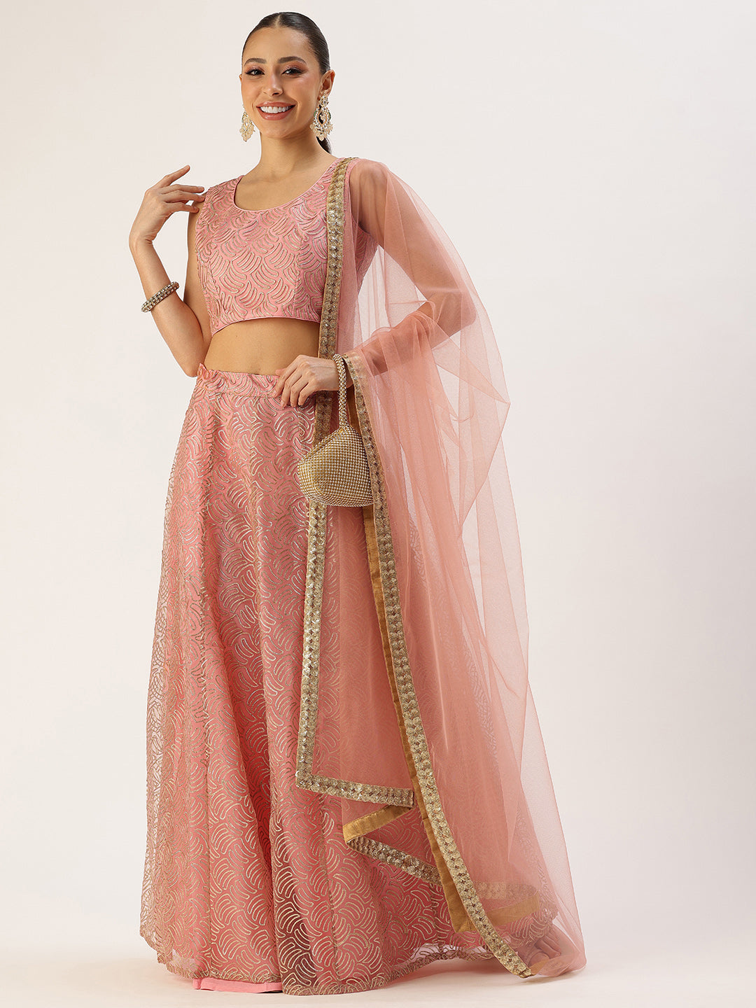 Bollywood Vogue Ready To Wear Pink Net Embroidered Kali Lehenga - Detail View