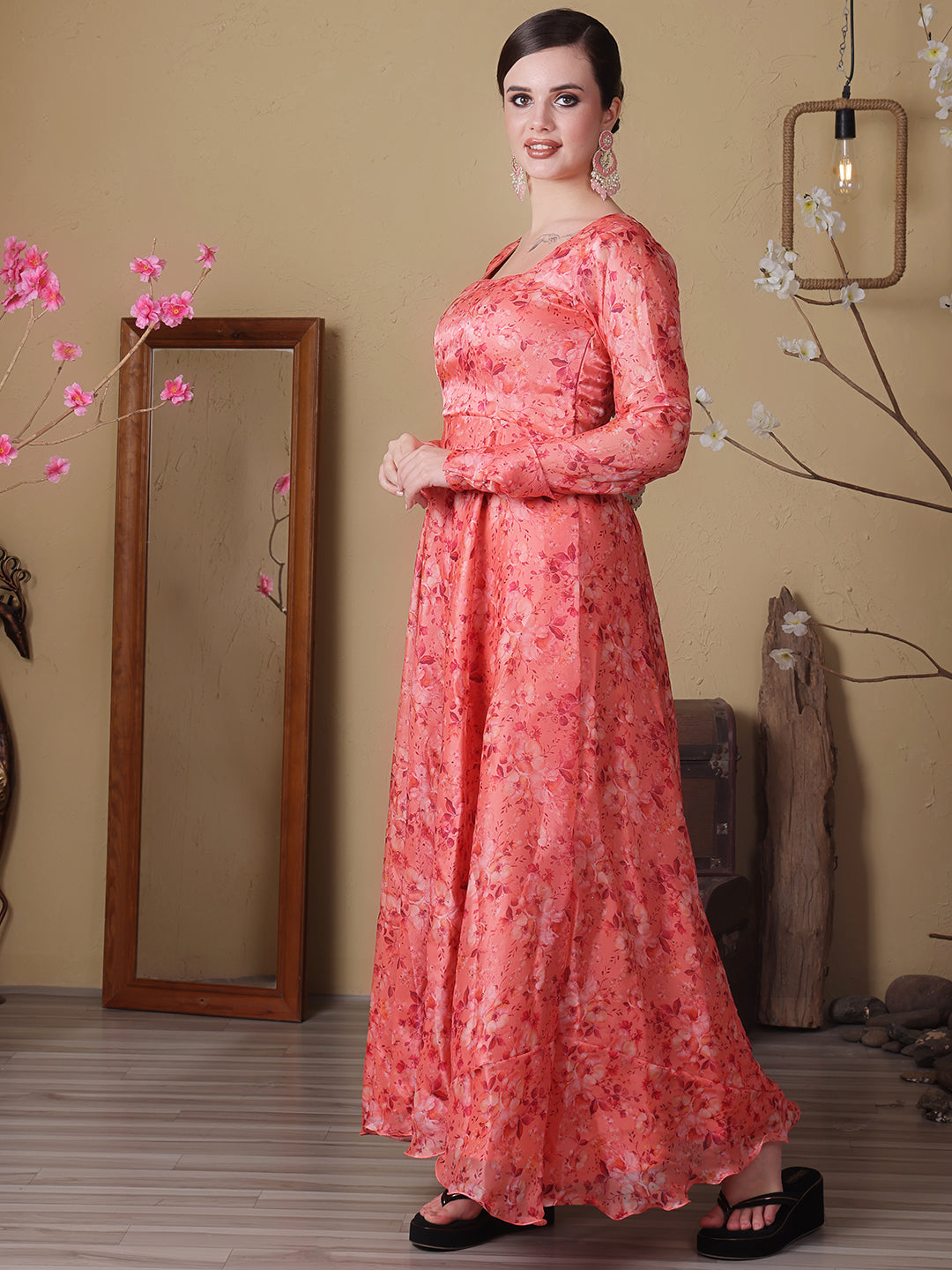 Bollywood Vogue Ready To Wear Peach Organza Satin Printed Anarkali Suit - Side View