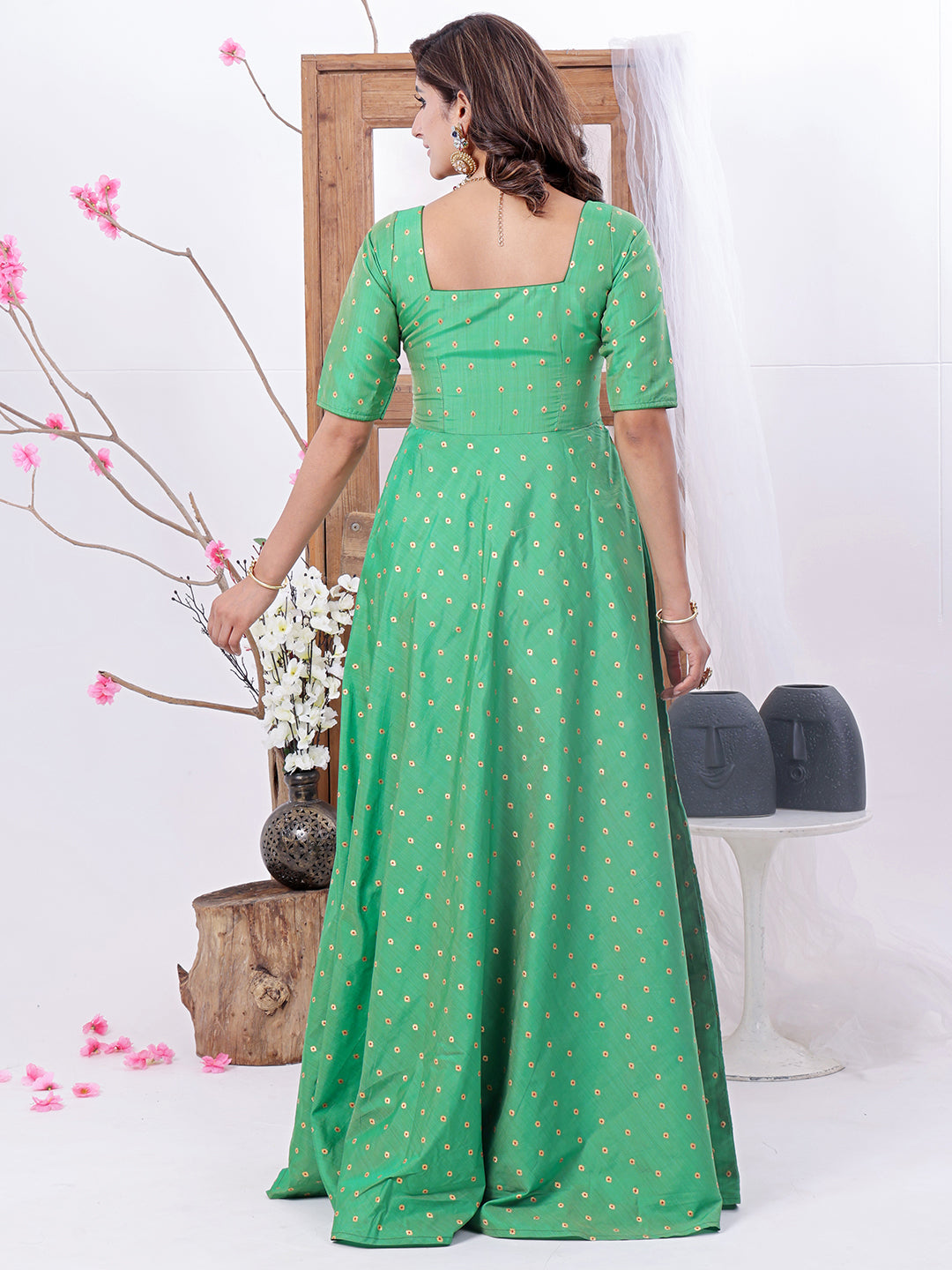 Bollywood Vogue Ready To Wear Green Taffeta Gown - Back View