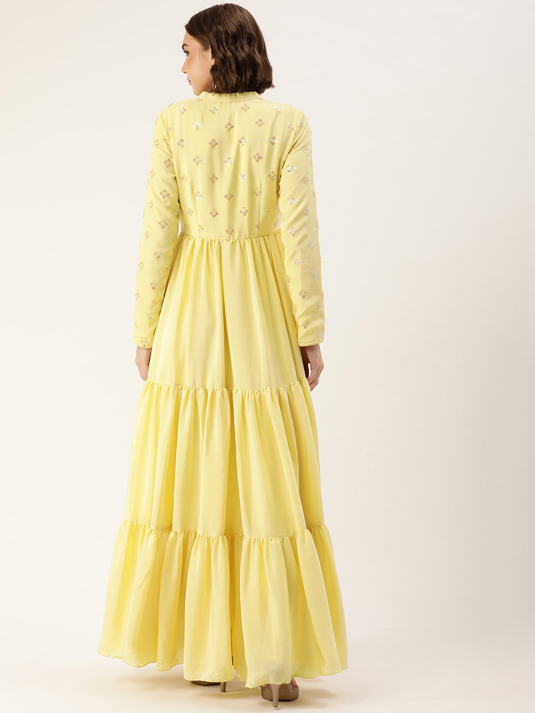 Bollywood Vogue Ready To Wear Yellow Embroidered Art Silk Gown - Back View