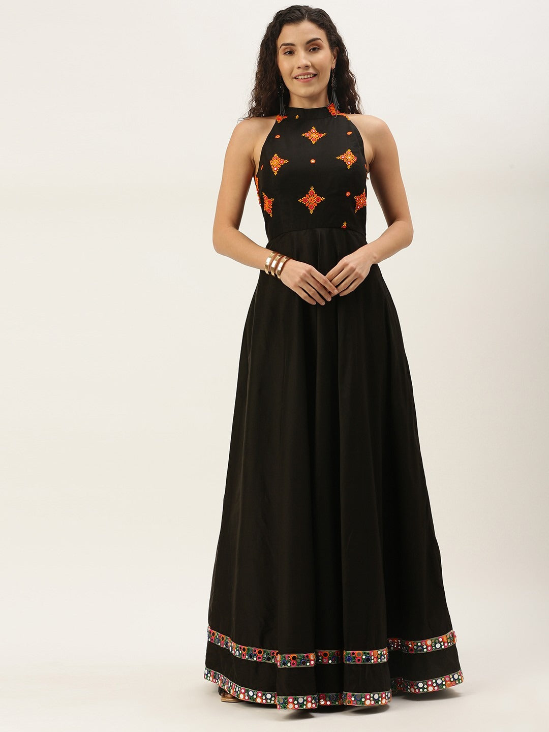 Bollywood Vogue Ready To Wear Black Embroidered Halter Neck Embellished Gown - Front View