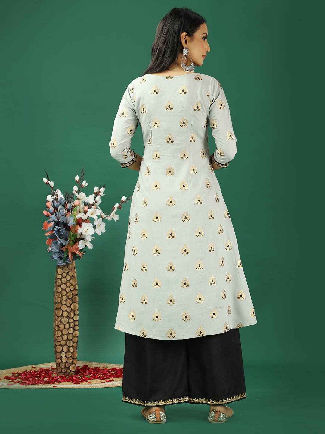 Bollywood Vogue Ready To Wear Grey Rayon Foil Printed N Black Kurta Set - Back View