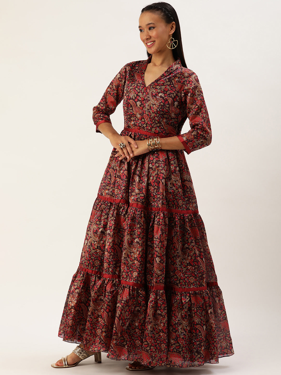 Bollywood Vogue Ready To Wear Multicolor Printed Tiered Gathered Style Gown - Side View