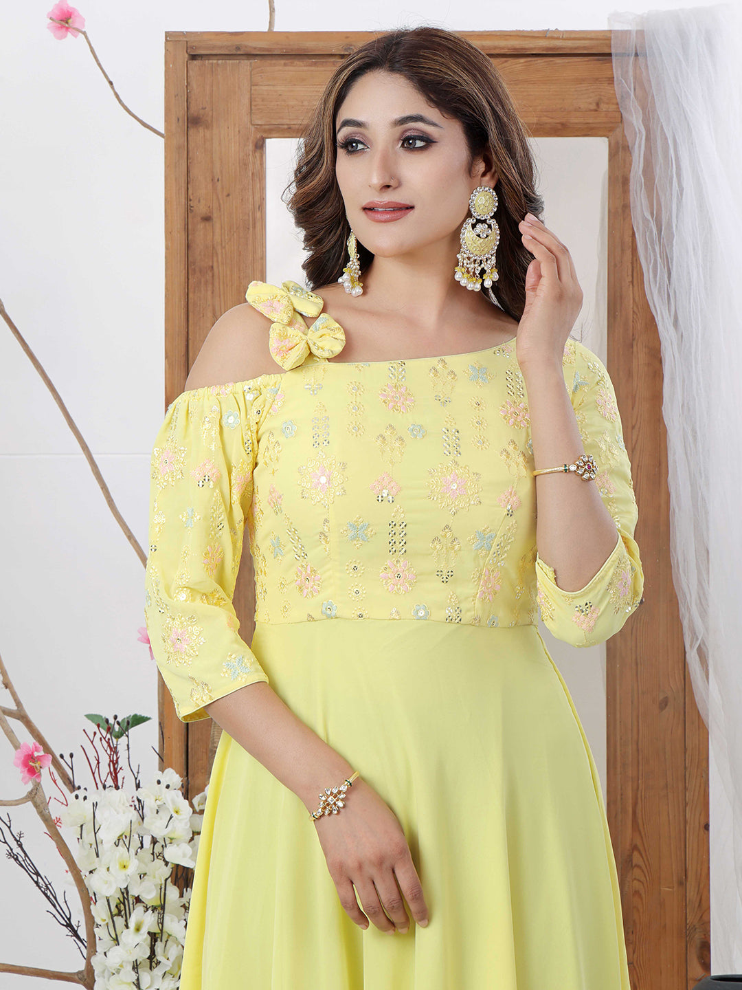 Bollywood Vogue Ready To Wear Yellow Georgette One Shoulder Style Gown - Detail View