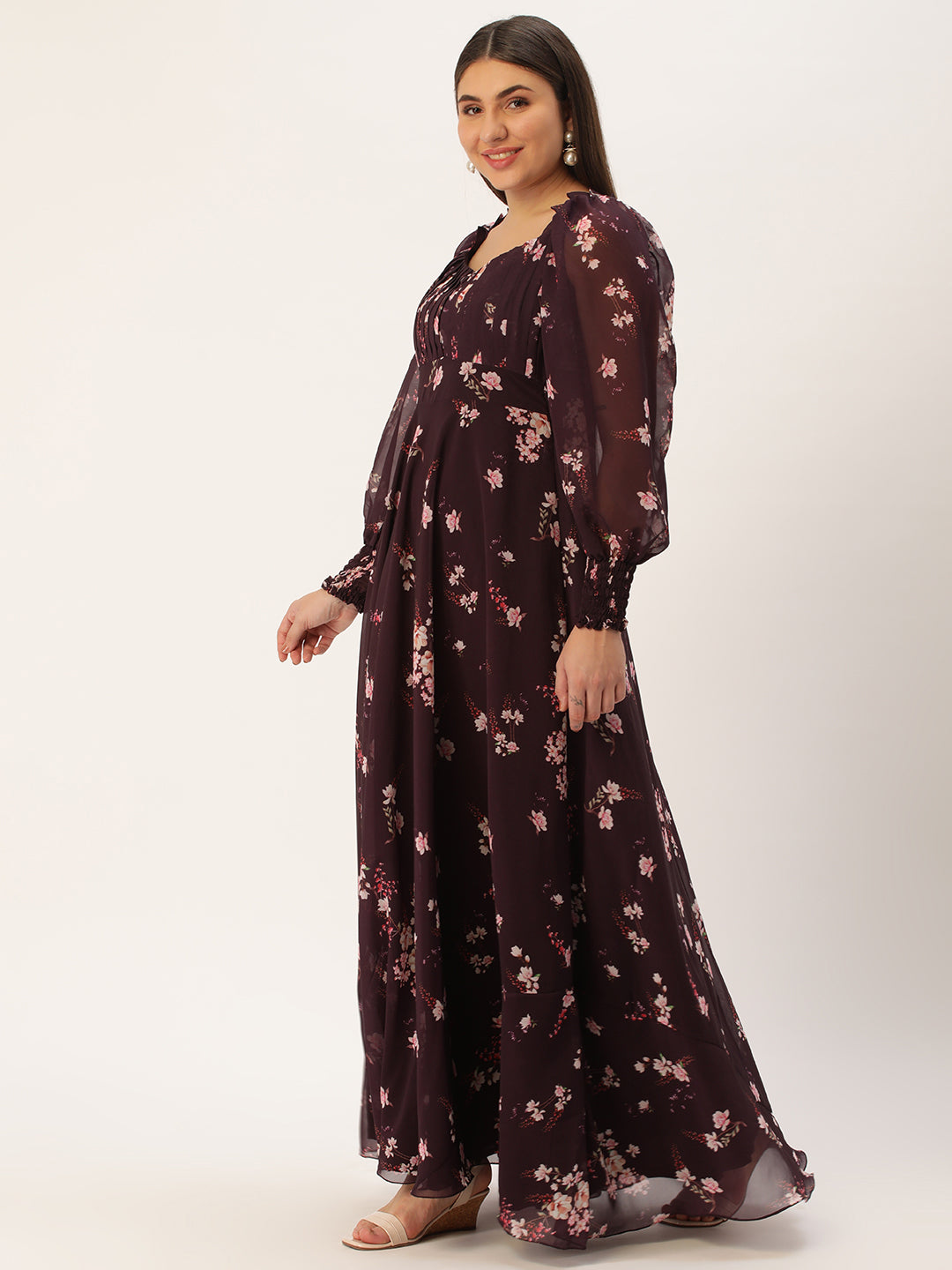 Bollywood Vogue Ready To Wear Purple Georgette Printed Pleated Yoke Gown - Side View