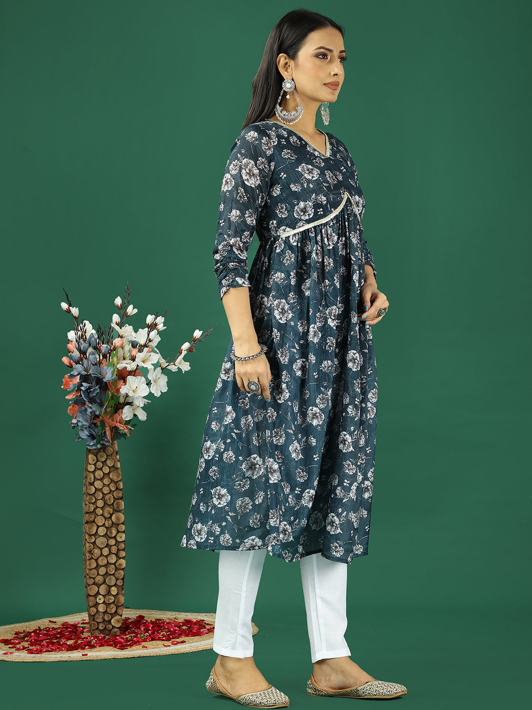 Bollywood Vogue Ready To Wear Blue Chinon Printed Gathered Style Kurta Set - Side View