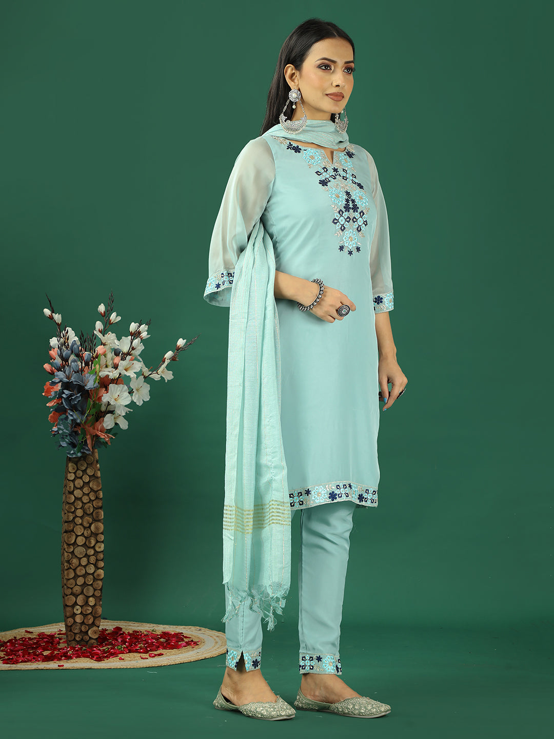 Bollywood Vogue Ready To Wear Blue Organza Embroidred Straight Pant Suit - Side View
